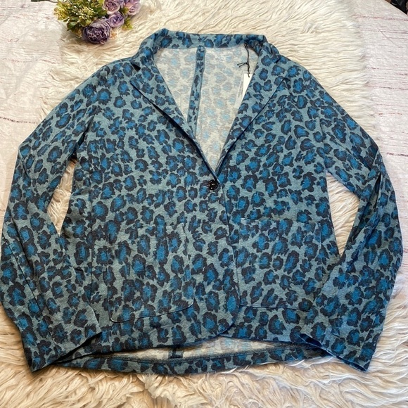 NWT Majestic Filatures Cotton Cashmere Leopard Atlantic Blue Blazer Top sz L - Picture 1 of 11